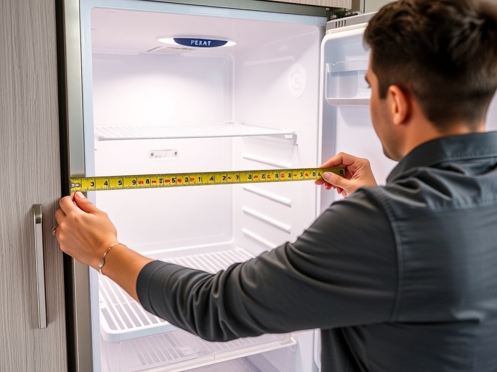 줄자를 이용하여 냉장고 설치 공간의 너비와 깊이를 측정하는 모습